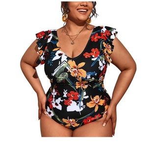 3xl tummy control swimsuit floral ruffled v-neck bathing suit by Askfv